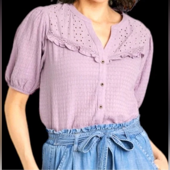 KNOX ROSE BALLOON SHORT SLEEVE TEXTURED COTTON TOP WITH DELICATE RUFFLE … - Picture 3 of 7